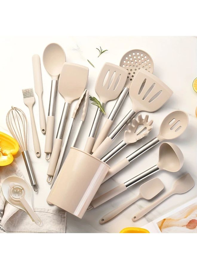 17 Pcs Khaki Silicone Kitchen Utensil Set Heat Resistant Non Stick Dishwasher Safe - Image 1